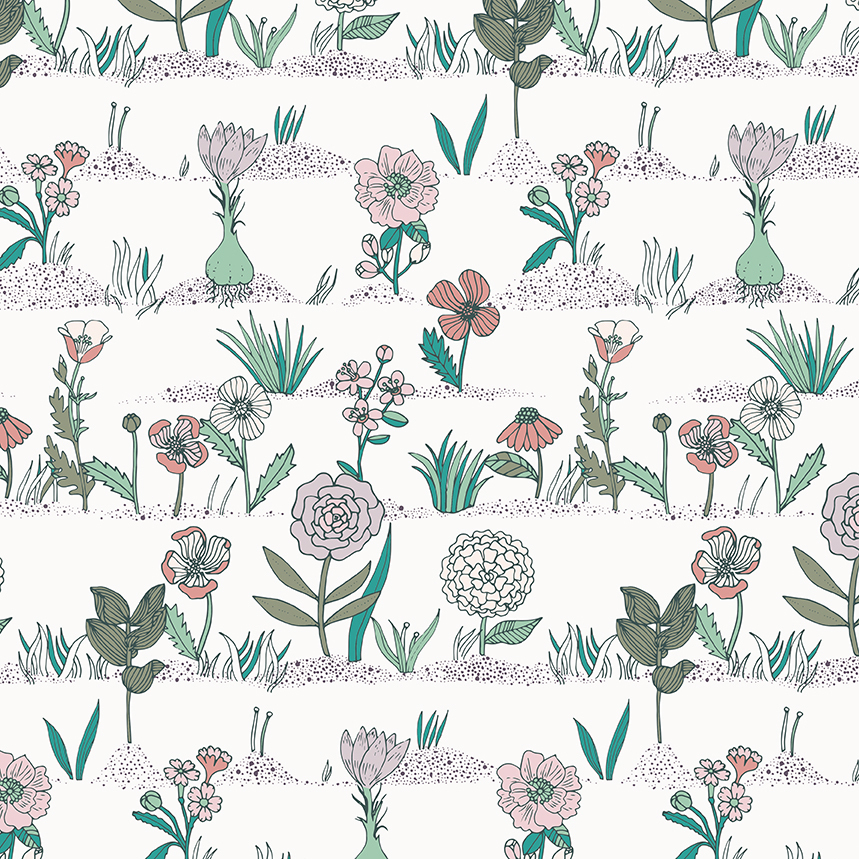 18715_flowers_in_earth Rico Design - Tissu coton blanc, plantes et herbes (Hygge) – Image 1