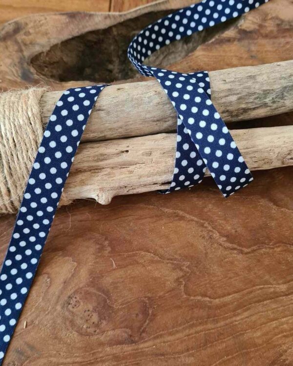 RS - Ruban pois double face , coloris Bleu marine pois blanc